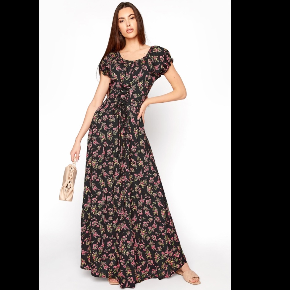 Worn Once  Long Tall Sally Floral Puff Sleeve Corset Maxi Dress Size 10